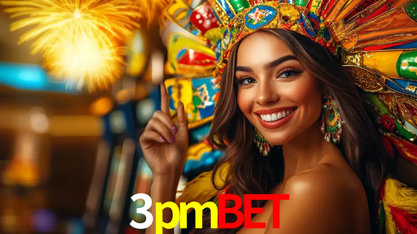 Mulher sorridente com um cocar de carnaval vibrante e colorido, celebrando uma grande vitória nos jogos do cassino 3pmbet com fogos de artifício ao fundo.
