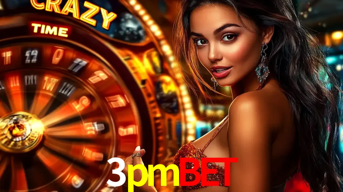 Mulher ao lado da roda de prêmios do jogo de cassino ao vivo Crazy Time, um dos shows de jogos mais emocionantes oferecidos pela plataforma de apostas 3pmbet.