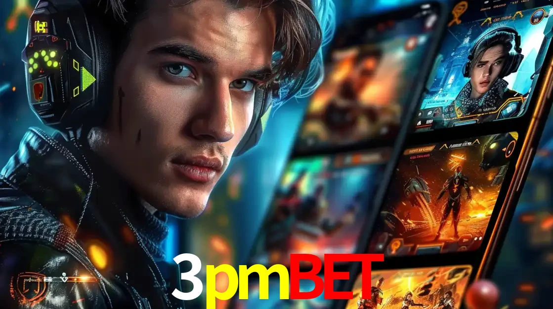 Jovem jogador com fones de ouvido olhando para a câmera, com um aplicativo de jogos e e-sports para celular ao fundo, pronto para a competição e apostas no 3pmbet.