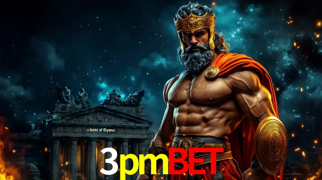 O poderoso Zeus do jogo de slot Gates of Olympus em frente ao seu templo, pronto para lançar multiplicadores divinos e prêmios épicos no cassino online 3pmbet.
