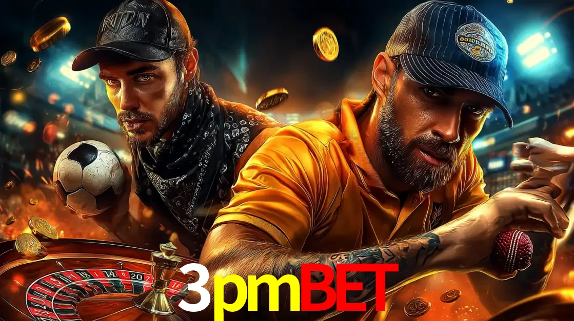 Montagem de apostas esportivas e cassino no 3pmbet, com um homem segurando uma bola de futebol e outro uma de beisebol sobre uma roleta e moedas voadoras.