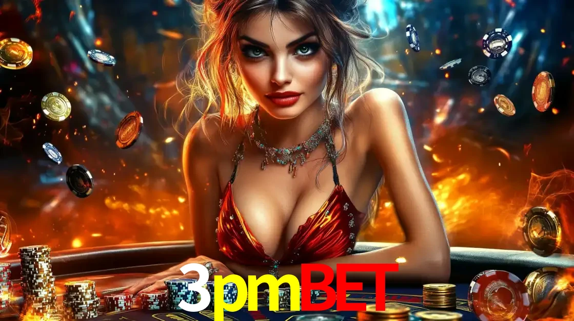 Mulher em uma mesa de cassino com pilhas de fichas e um fundo de fogo, pronta para uma rodada de altas apostas nos jogos de mesa emocionantes do cassino 3pmbet.