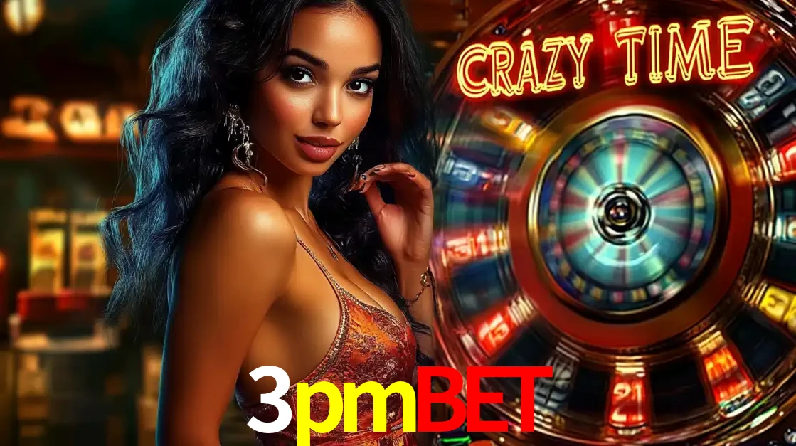 Mulher elegante ao lado da vibrante roda da fortuna do jogo de cassino ao vivo Crazy Time, um dos game shows mais populares e cheios de prêmios do 3pmbet.