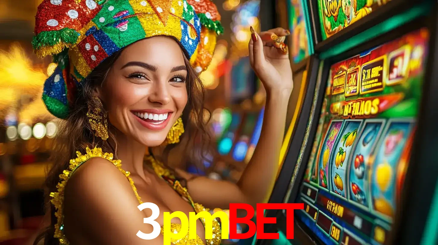 Mulher feliz com traje de carnaval amarelo e colorido ao lado de uma máquina de caça-níqueis, aproveitando a diversão e os jogos temáticos do cassino 3pmbet.