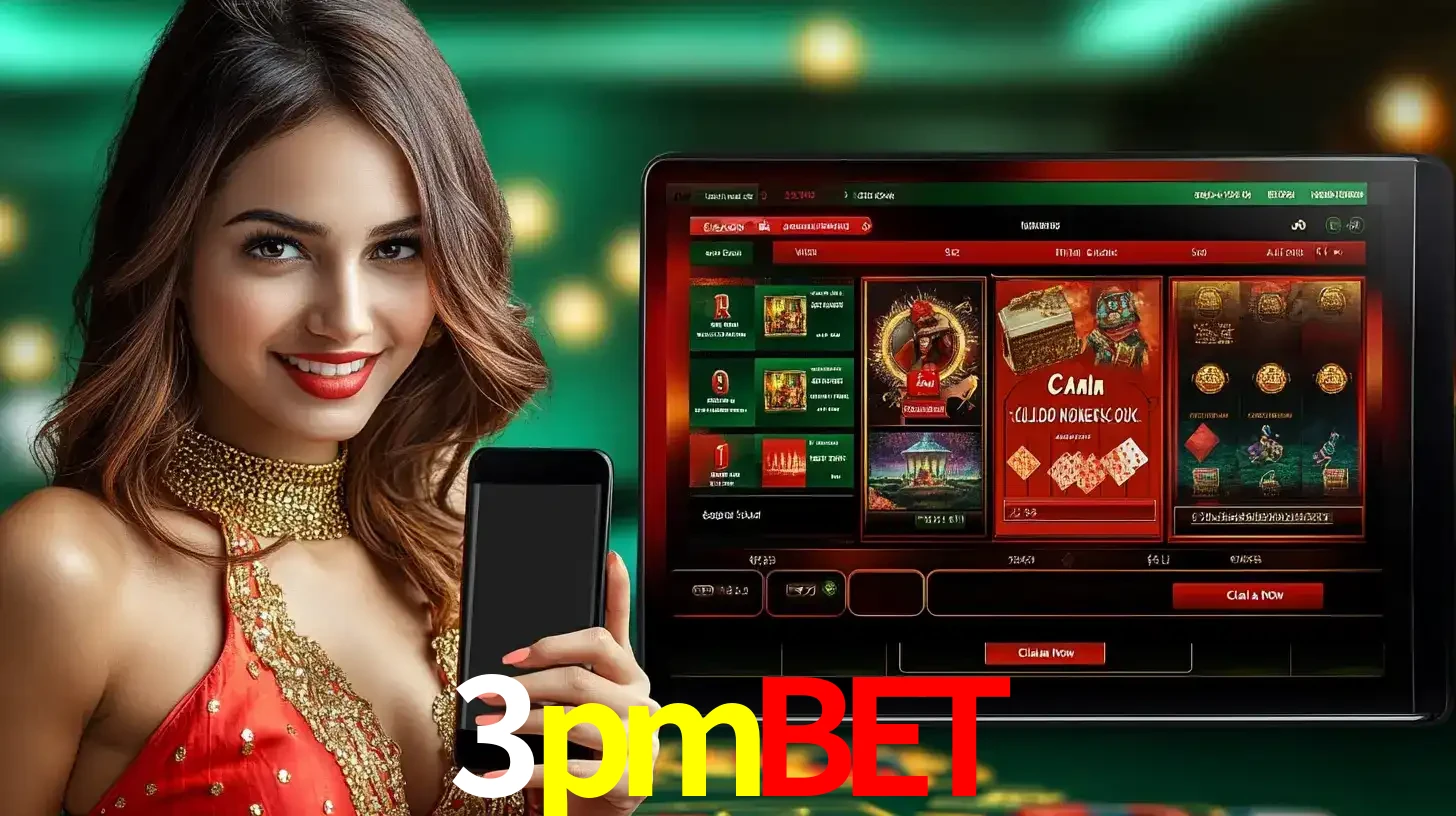 Mulher sorridente segurando um smartphone, ao lado de uma tela exibindo o lobby de jogos do cassino online 3pmbet, com várias opções de jogos de cartas e slots.